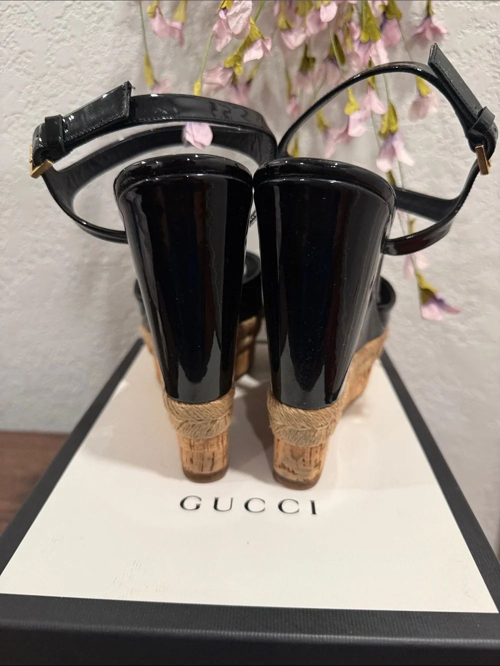 Gucci Black Patent Leather Espadrille Platform Sandals